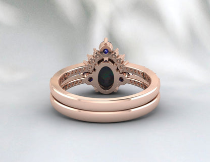 Opale arc-en-ciel australienne et saphir bleu Bridel Set 14k Rose Gold Bague de fiançailles Set 925 Sterling Silver Matching Band Set Cadeau pour l’amour