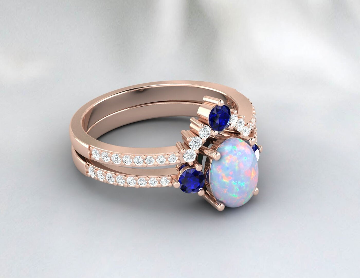 Opale arc-en-ciel australienne et saphir bleu Bridel Set 14k Rose Gold Bague de fiançailles Set 925 Sterling Silver Matching Band Set Cadeau pour l’amour