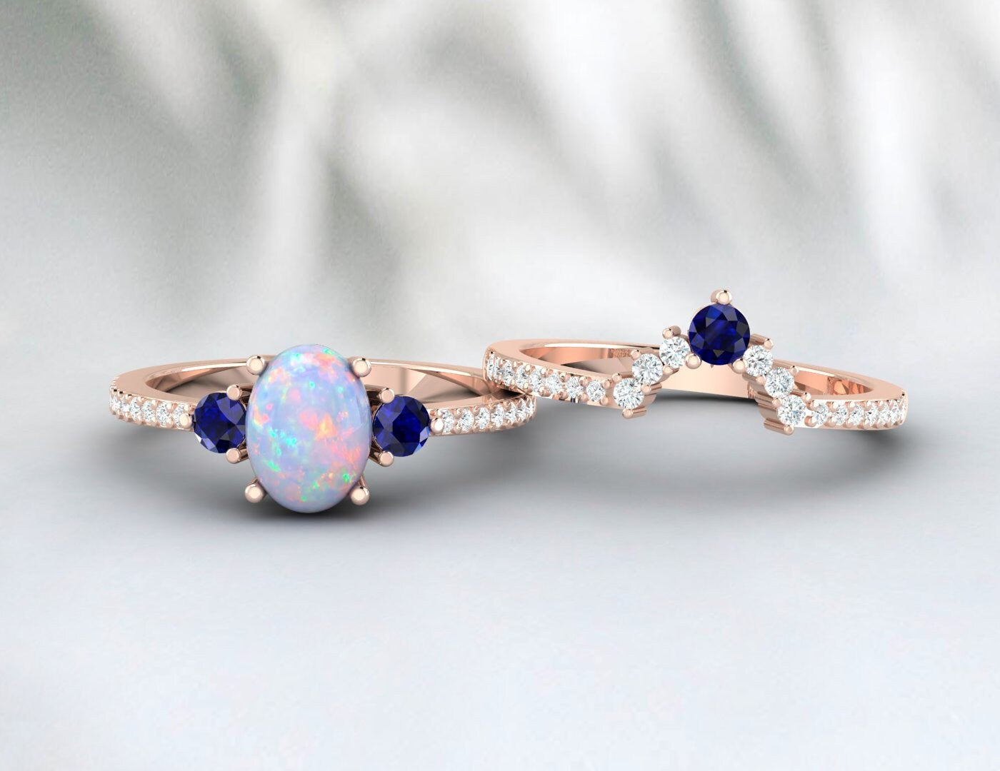 Opale arc-en-ciel australienne et saphir bleu Bridel Set 14k Rose Gold Bague de fiançailles Set 925 Sterling Silver Matching Band Set Cadeau pour l’amour