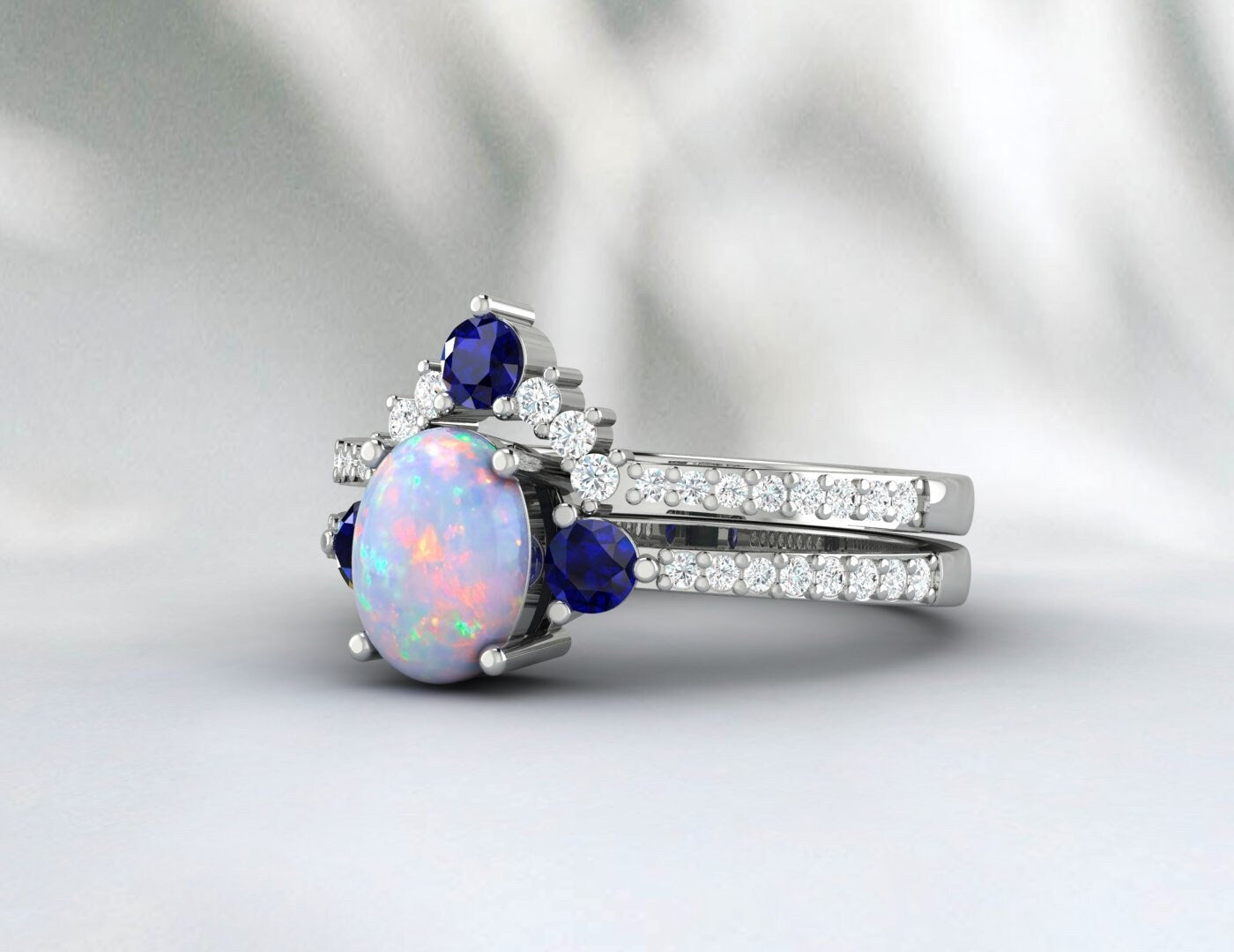 Australian Rainbow Opal And Blue Sapphire Bridel Set 14k Rose Gold Engagement Ring Set 925 Sterling Silver Matching Band Set Gift For Love