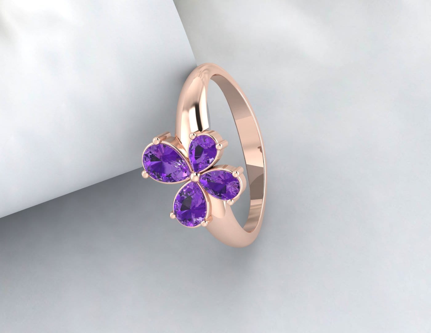 Pear Amethyst Flower Wedding Ring Purple Gems Silver Engagement Ring