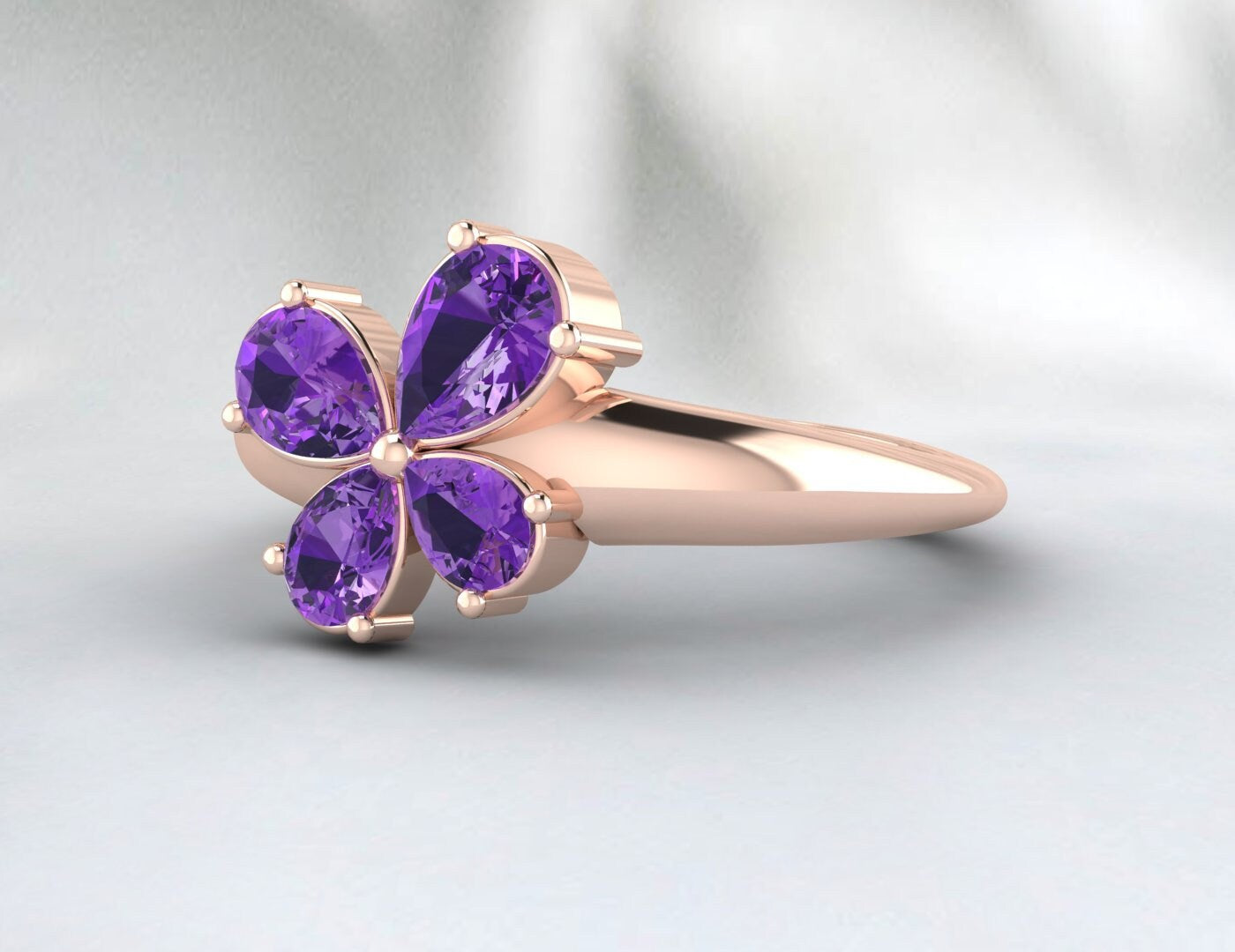 Pear Amethyst Flower Wedding Ring Purple Gems Silver Engagement Ring