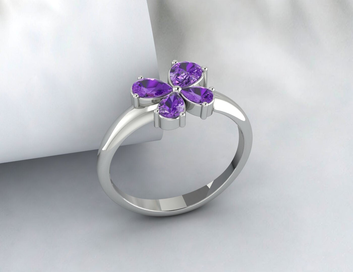 Pear Amethyst Flower Wedding Ring Purple Gems Silver Engagement Ring