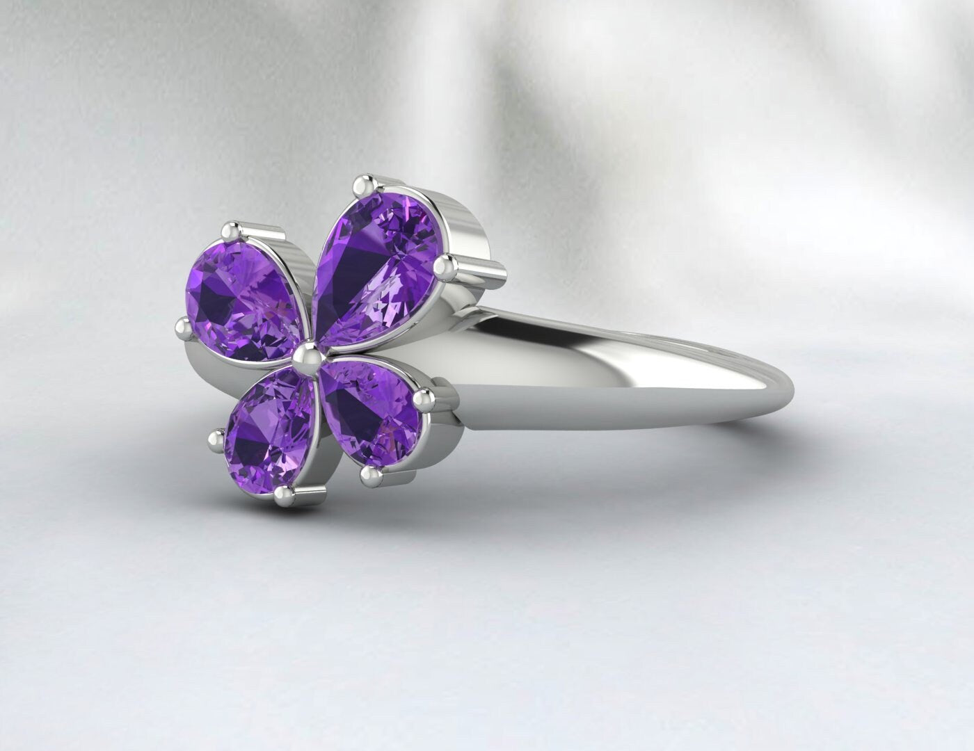 Pear Amethyst Flower Wedding Ring Purple Gems Silver Engagement Ring