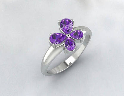 Pear Amethyst Flower Wedding Ring Purple Gems Silver Engagement Ring