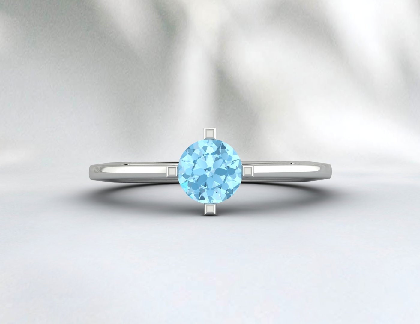 Bague solitaire aigue-marine, bague de fiançailles, bague avec pierre de naissance de mars