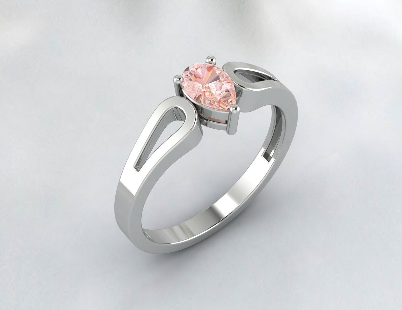 Natural Peach Pear Cut Morganite Silver Engagement Ring Wedding Band