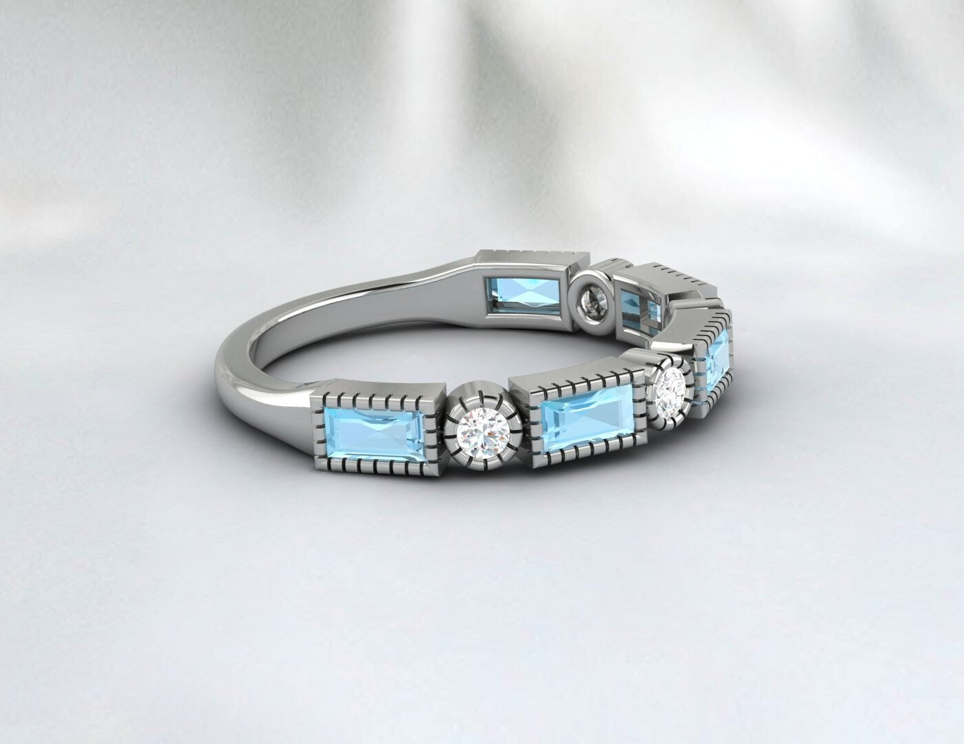 Baguette Cut Aquamarine Ring Half Eternity Diamond Wedding Band