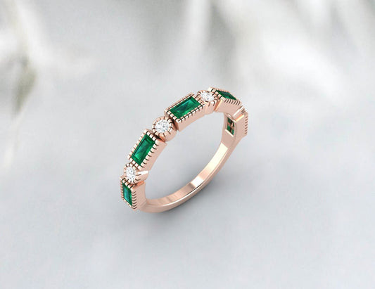 Half Eternity Emerald Wedding Band Sterling Silver Gold Plated Ring