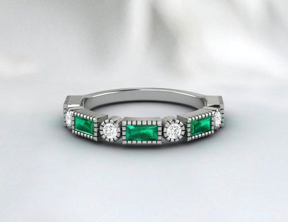 Half Eternity Emerald Wedding Band Sterling Silver Gold Plated Ring