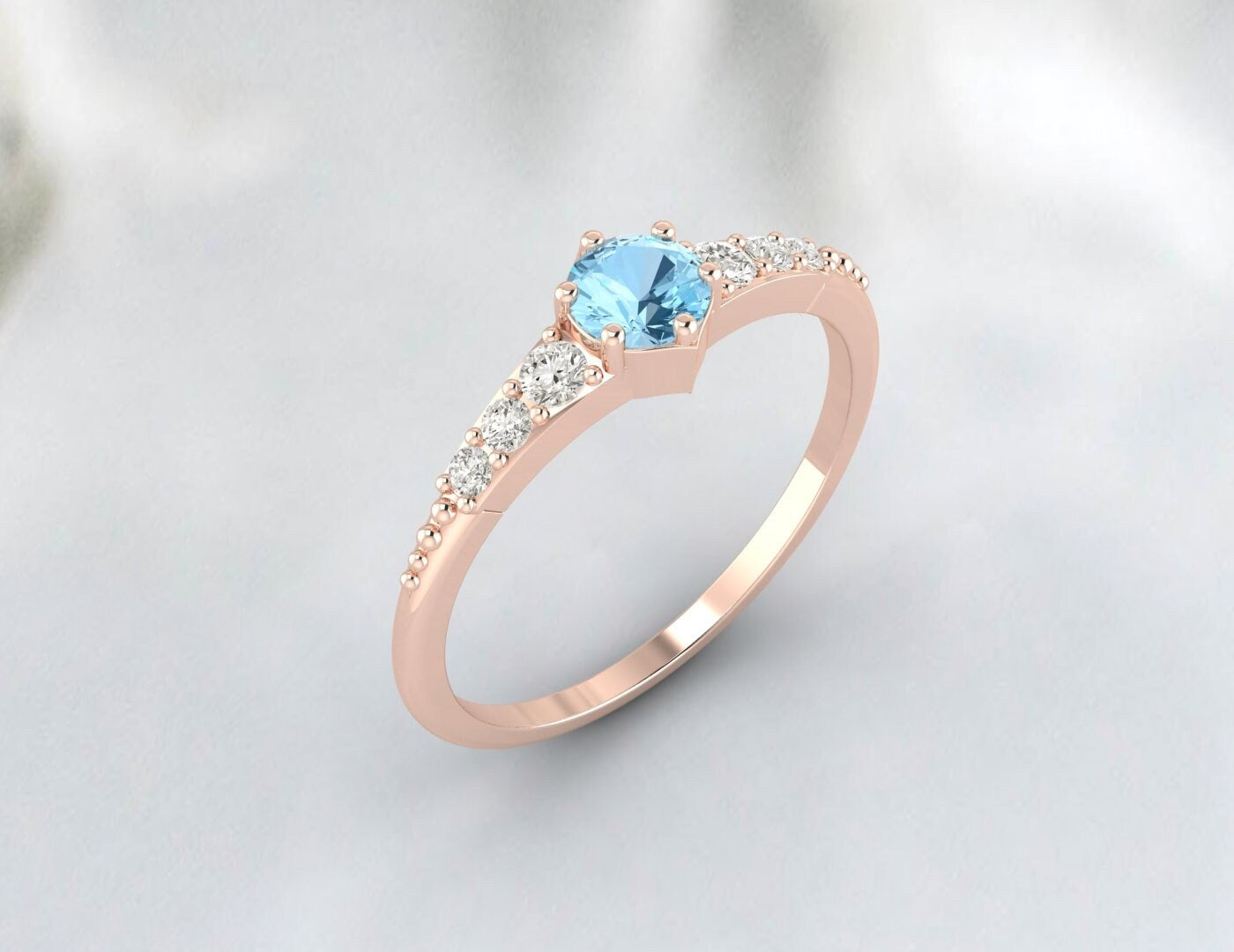 Bague de fiançailles aigue-marine en or rose, bague de promesse en argent pour femmes