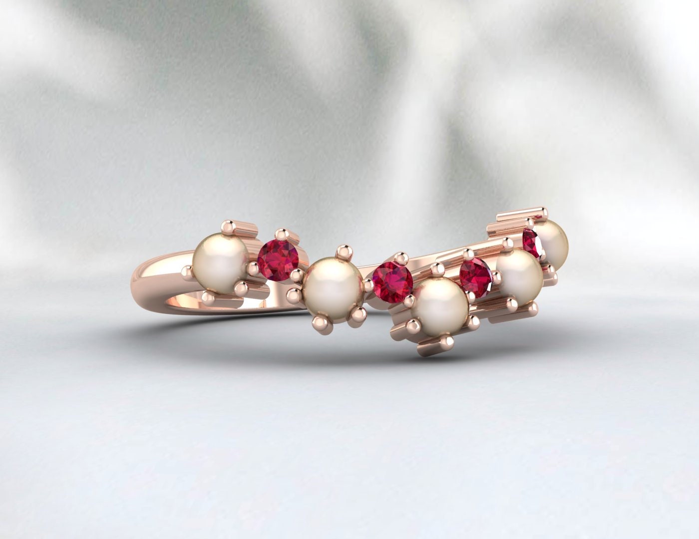 Alliance en perles et rubis pour femmes, bague de mariée demi-éternité