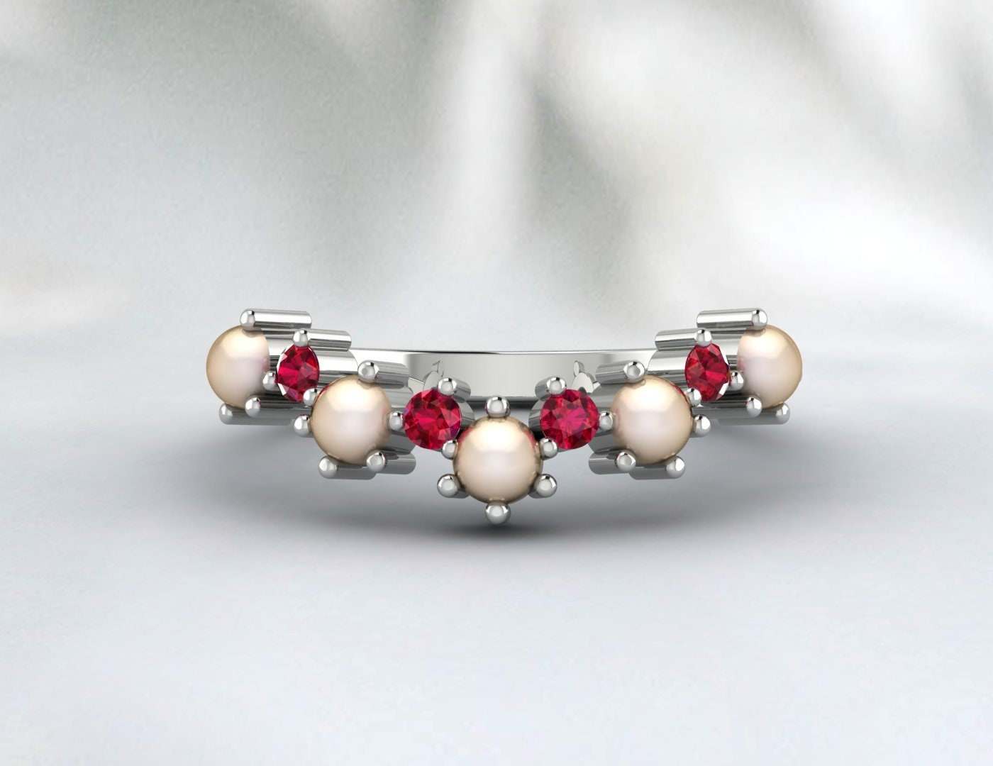 Alliance en perles et rubis pour femmes, bague de mariée demi-éternité