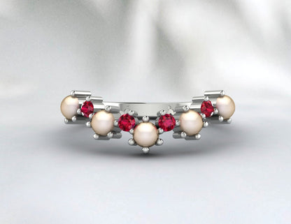 Pearl And Ruby Wedding Band Women Band Half Eternity Bridal Ring