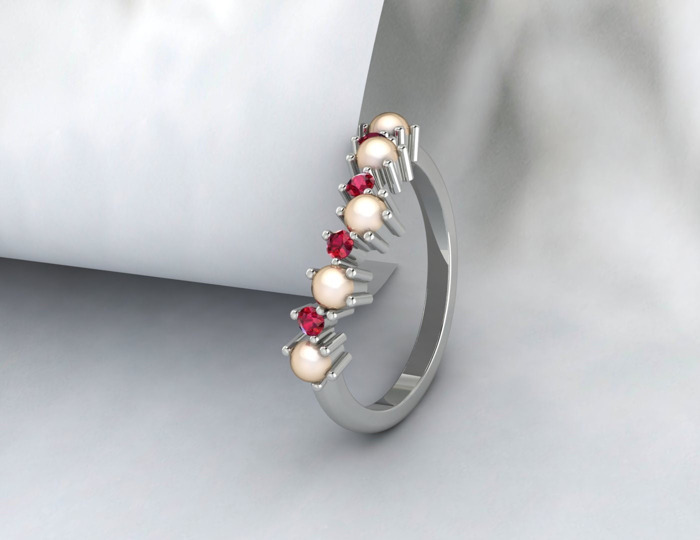 Pearl And Ruby Wedding Band Women Band Half Eternity Bridal Ring