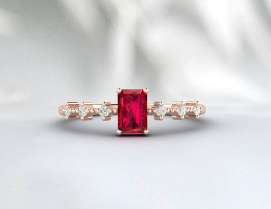 Emerald cut Ruby Ring, Ruby Engagement Ring for Women, Sterling Silver Red Gemstone Anniversary Ring,  Unique Gift for Her Minimalist Ring