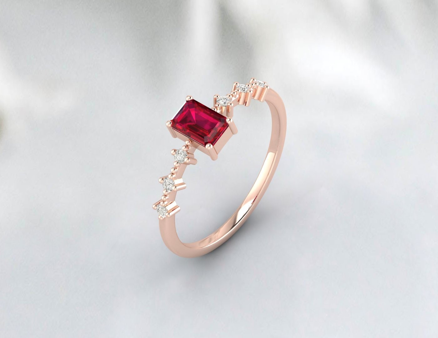 Emerald cut Ruby Ring, Ruby Engagement Ring for Women, Sterling Silver Red Gemstone Anniversary Ring,  Unique Gift for Her Minimalist Ring