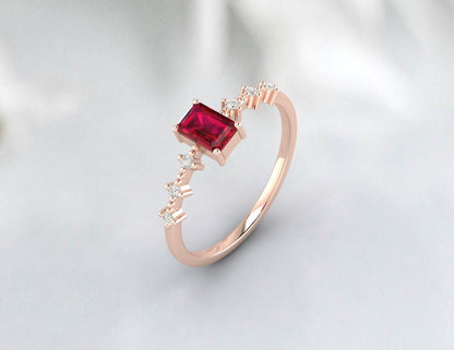 Emerald cut Ruby Ring, Ruby Engagement Ring for Women, Sterling Silver Red Gemstone Anniversary Ring,  Unique Gift for Her Minimalist Ring