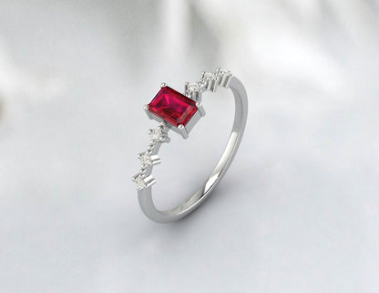 Emerald cut Ruby Ring, Ruby Engagement Ring for Women, Sterling Silver Red Gemstone Anniversary Ring,  Unique Gift for Her Minimalist Ring