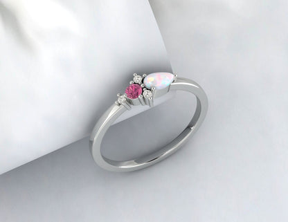 Pear Opal & Pink Tourmaline Darling Cluster Silver Ring Propose Ring