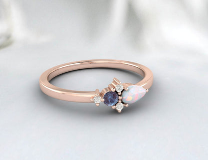 Bague de fiançailles en opale arc-en-ciel et grappe d'alexandrite