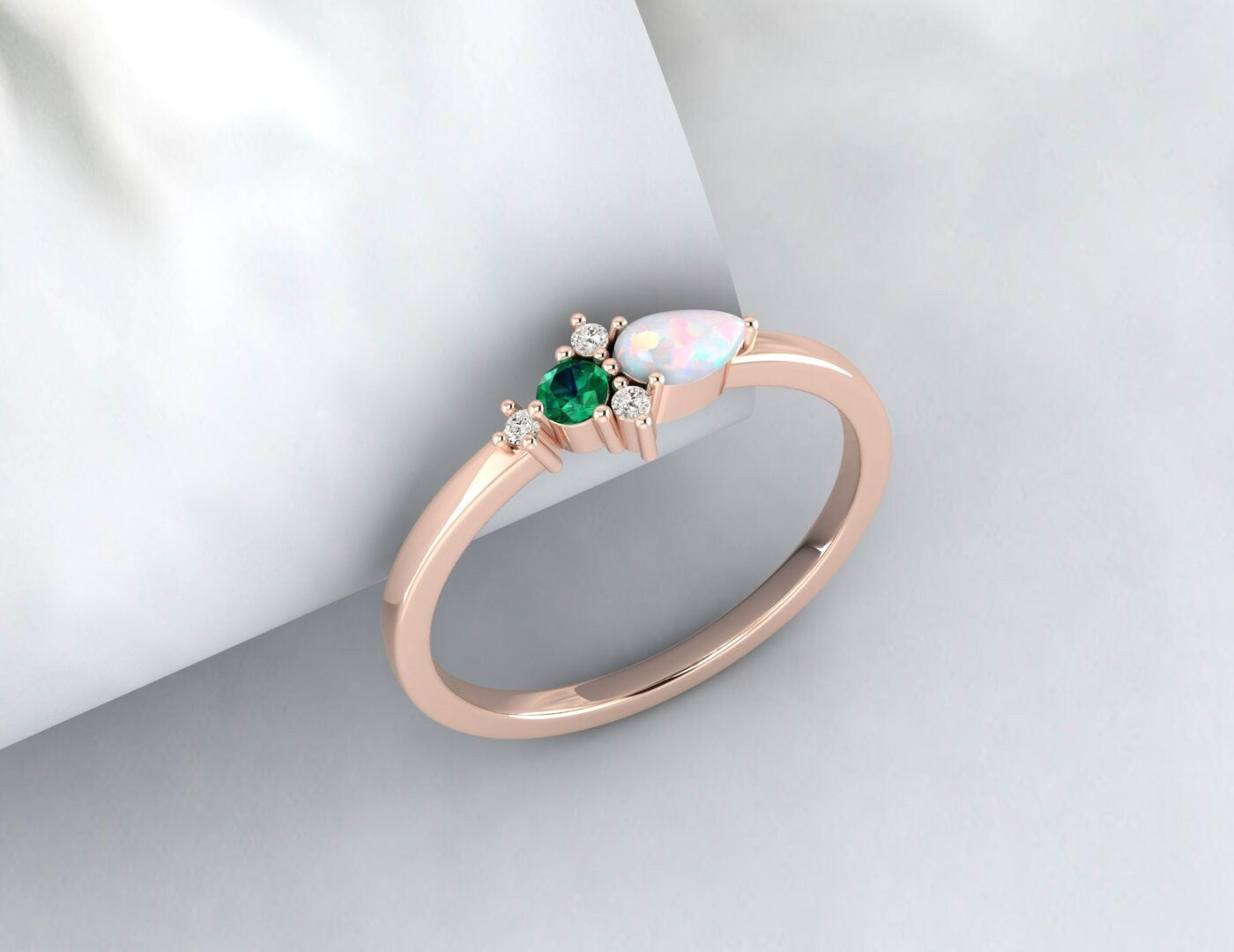 Australian Opal And Emerald Cluster Engagement Ring Anniversary Gift