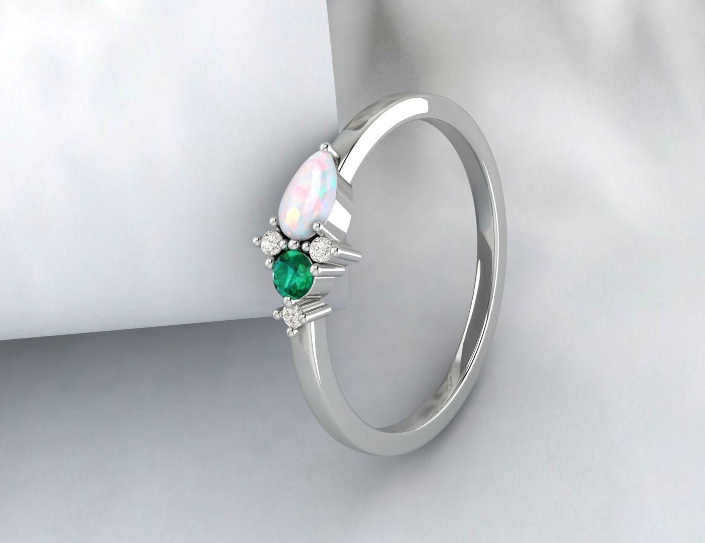 Australian Opal And Emerald Cluster Engagement Ring Anniversary Gift