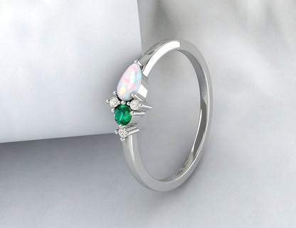 Australian Opal And Emerald Cluster Engagement Ring Anniversary Gift