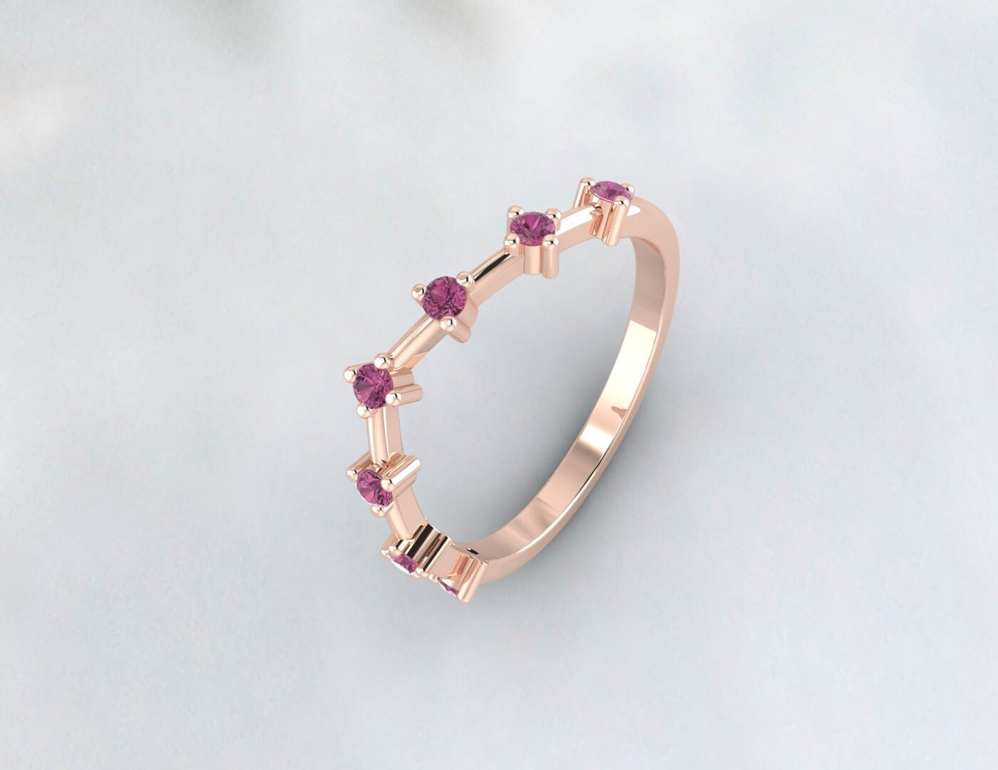 Round Pink Tourmaline Engagement Ring Curved pink Stone Wedding Band