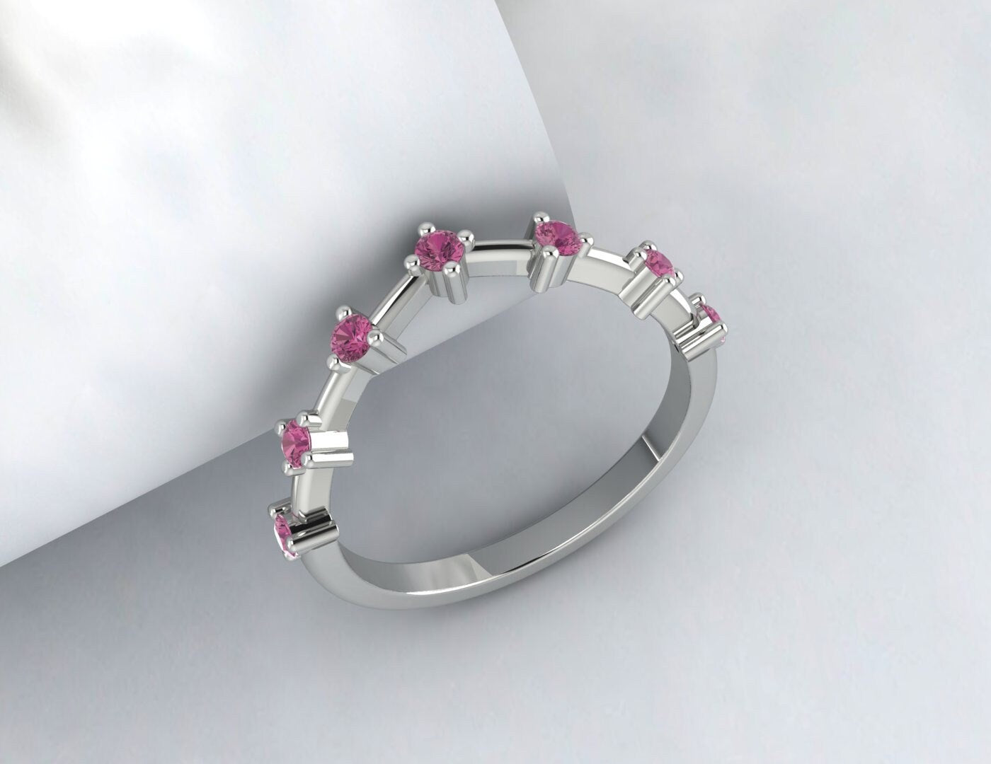 Round Pink Tourmaline Engagement Ring Curved pink Stone Wedding Band