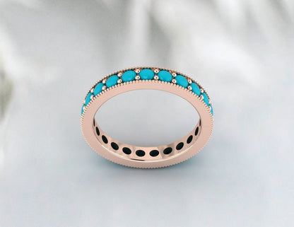 Blue Turquoise Wedding Band, 14k 18k gold, Natural Round Cabochon Dainty Band, Eternity Round Band, Turquoise Gold Ring Band, Wedding gift