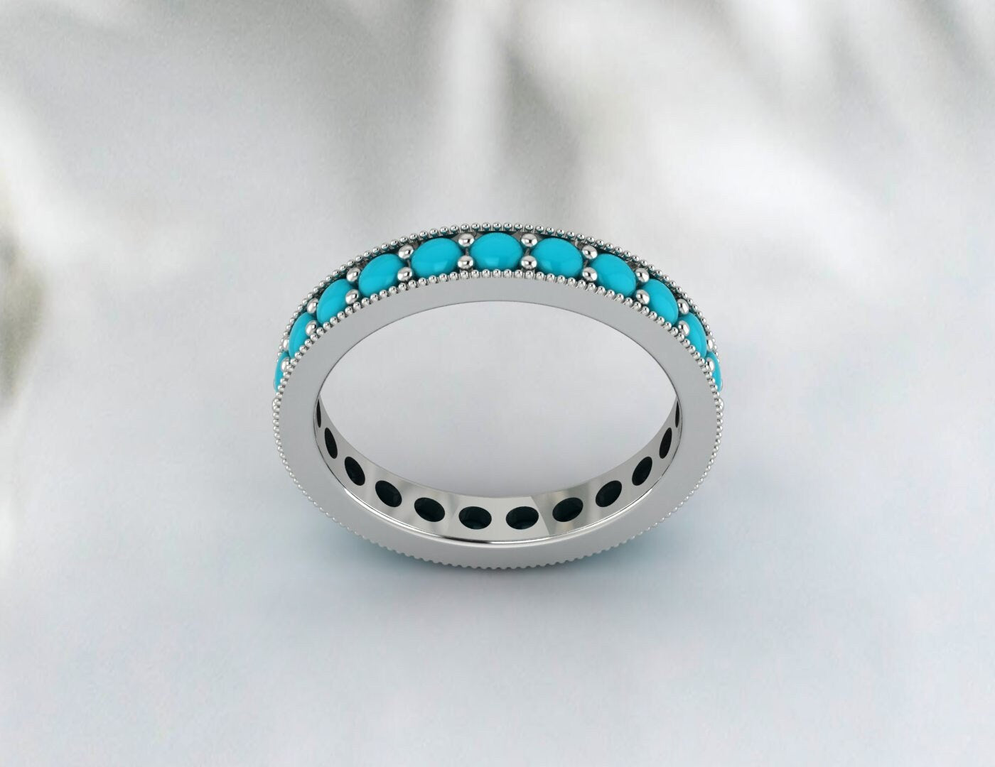 Bande de mariage turquoise bleue, or 14 carats 18 carats, bande délicate de cabochon rond naturel, bande ronde d’éternité, bande d’anneau en or turquoise, cadeau de mariage