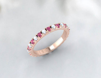 Opal and Pink Tourmaline Wedding Band 14K Rose Gold Opal Wedding Ring October Birthstone Ring Gemstone Band Stackable Ring Anniversary Gift