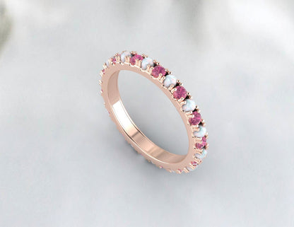 Opal and Pink Tourmaline Wedding Band 14K Rose Gold Opal Wedding Ring October Birthstone Ring Gemstone Band Stackable Ring Anniversary Gift