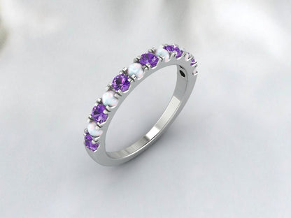 Fire Opal And Amethyst Wedding Band Anniversary Ring Gift For Her