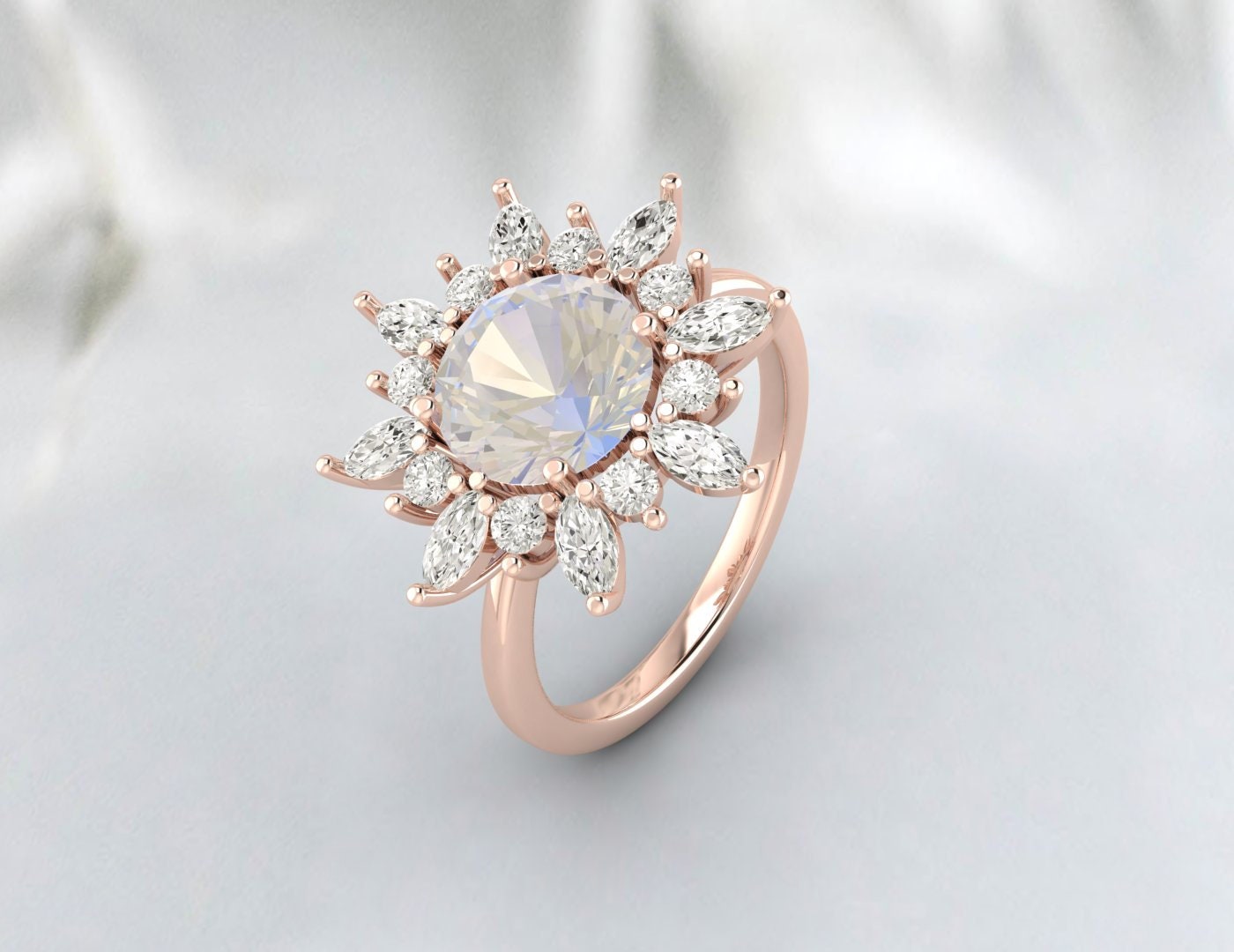 Vintage Rainbow Moonstone Engagement Rose Gold Ring Anniversary Ring