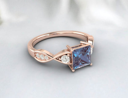 Princess Cut Alexandrite Ring Twist Engagement Ring Gift For Wife