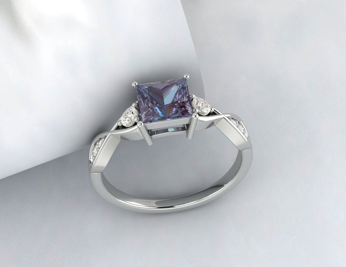 Princess Cut Alexandrite Ring Twist Engagement Ring Gift For Wife