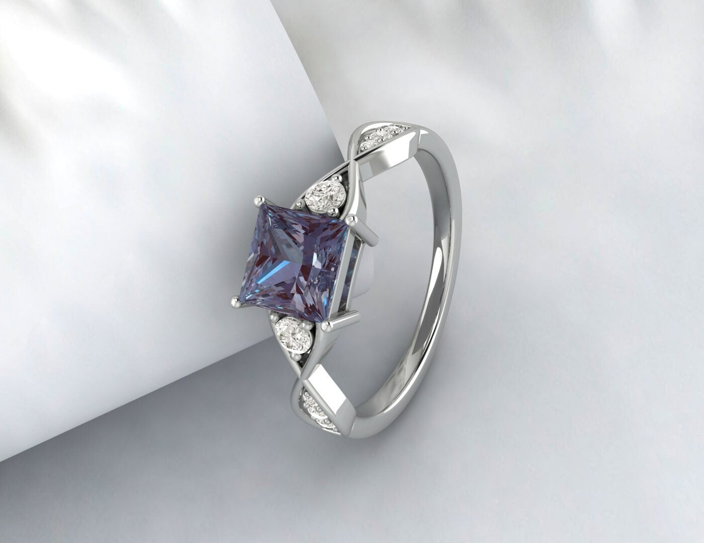 Princess Cut Alexandrite Ring Twist Engagement Ring Gift For Wife