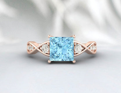 Princess Cut Aquamarine Engagement Ring Sterling Silver Ring March Birthstone Ring 14k Gold Twist Band Ring Gift For Her Diamond Ring