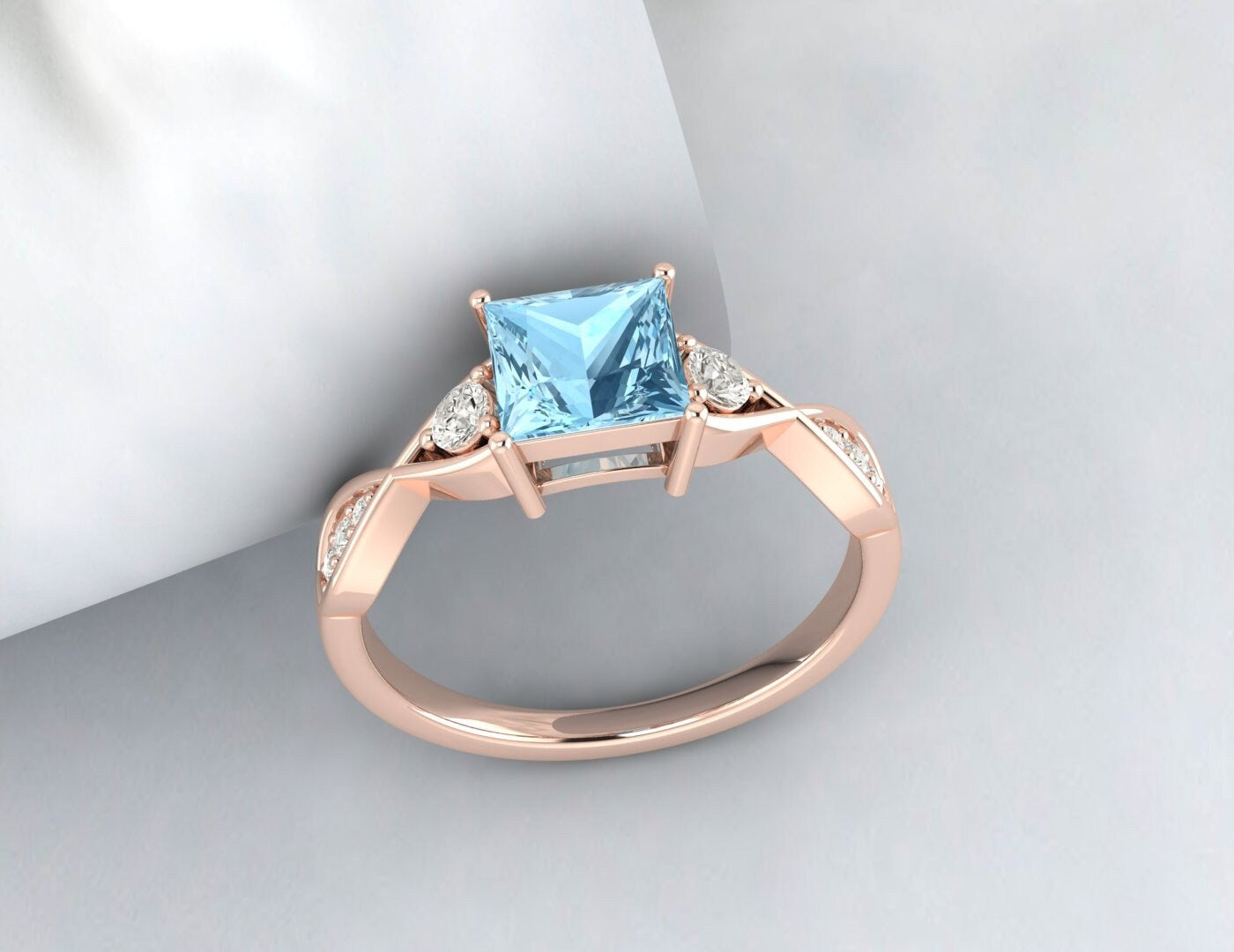 Princess Cut Aquamarine Engagement Ring Sterling Silver Ring March Birthstone Ring 14k Gold Twist Band Ring Gift For Her Diamond Ring