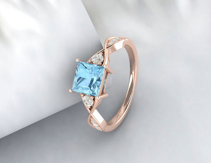 Princess Cut Aquamarine Engagement Ring Sterling Silver Ring March Birthstone Ring 14k Gold Twist Band Ring Gift For Her Diamond Ring