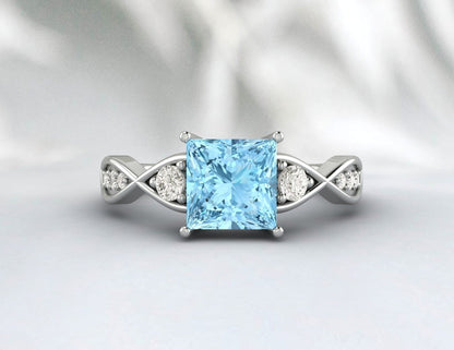 Princess Cut Aquamarine Engagement Ring Sterling Silver Ring March Birthstone Ring 14k Gold Twist Band Ring Gift For Her Diamond Ring