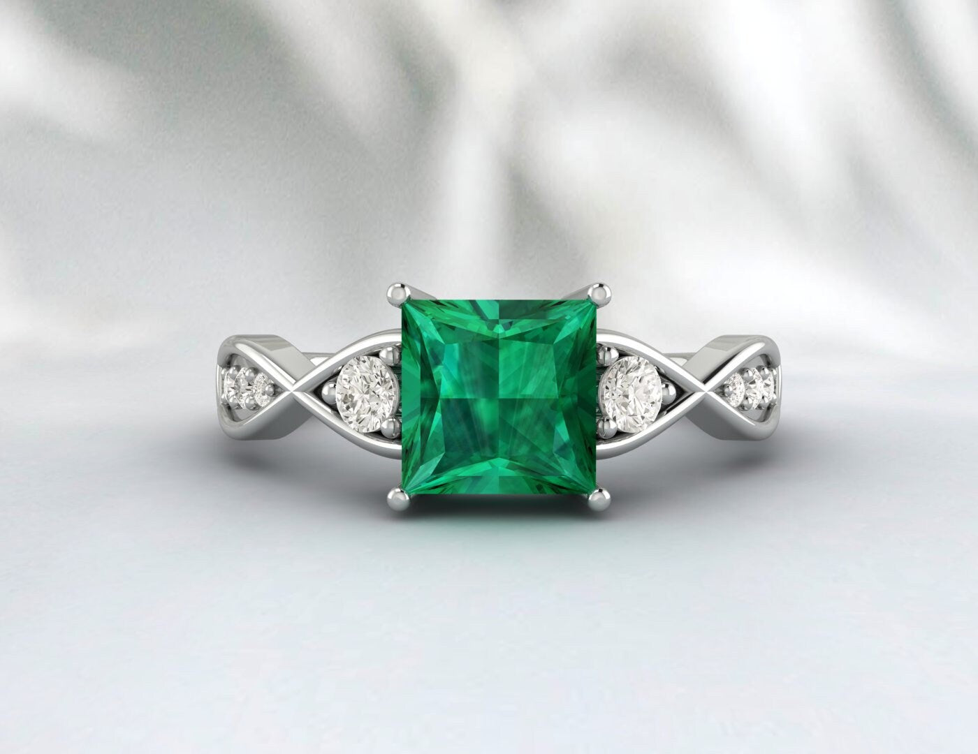 Princess Cut Emerald Engagement Ring Twist Wedding Ring Gift For Her