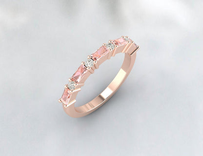 Peach Morganite Baguette Cut Diamond Ring Women Bridal Wedding Band