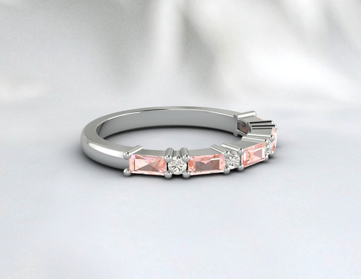 Peach Morganite Baguette Cut Diamond Ring Women Bridal Wedding Band