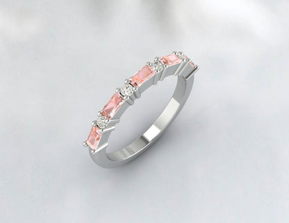 Peach Morganite Baguette Cut Diamond Ring Women Bridal Wedding Band