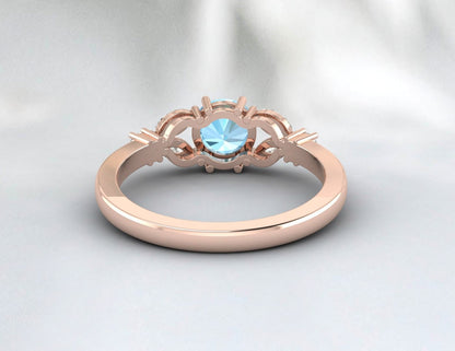 Round Aquamarine Engagement Ring Leaf Ring Anniversary Ring For Women