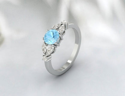 Round Aquamarine Engagement Ring Leaf Ring Anniversary Ring For Women