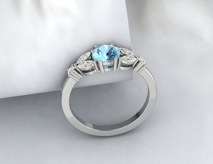 Round Aquamarine Engagement Ring Leaf Ring Anniversary Ring For Women